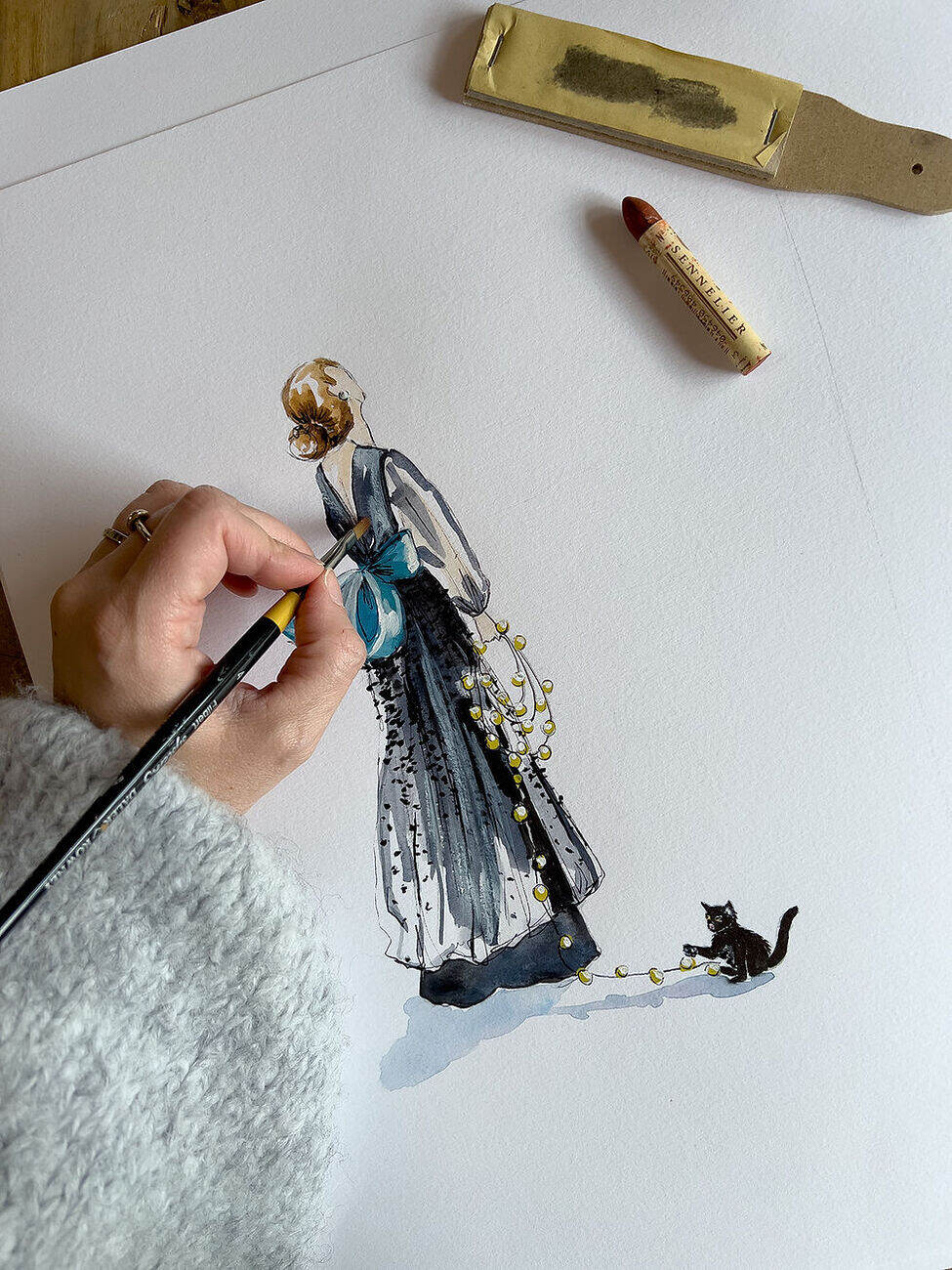 illustration women in gown and kitten holidays